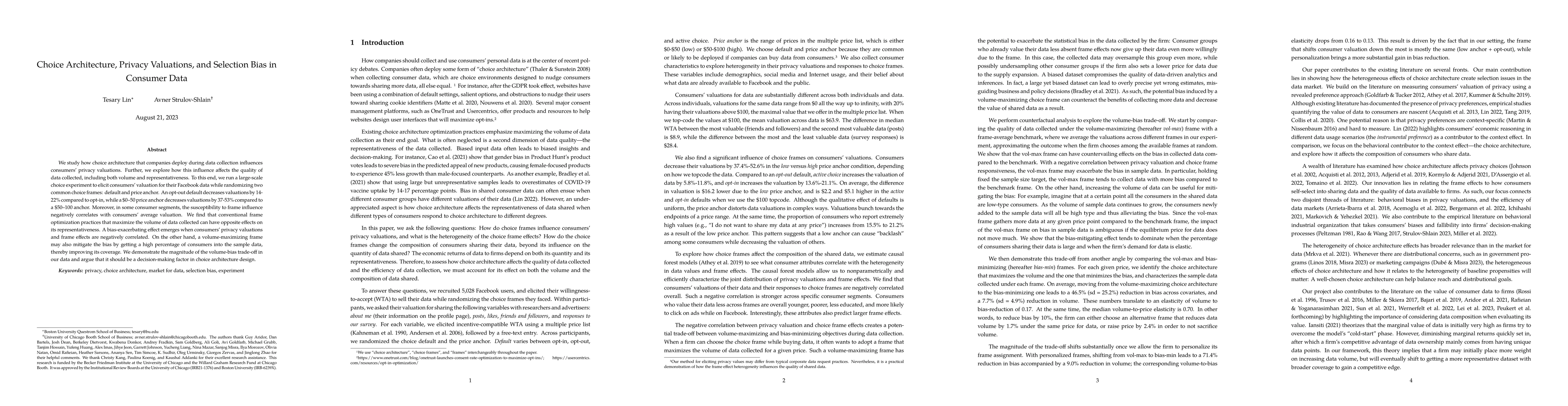 Thumbnail for Choice Architecture, Privacy Valuations, and Selection Bias in Consumer
  Data