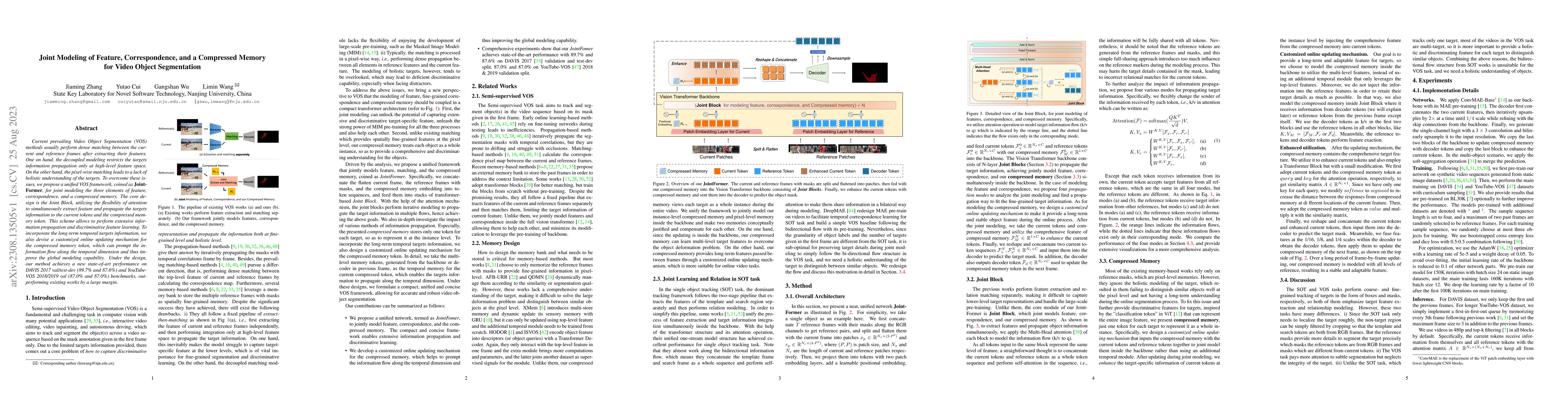 Thumbnail for Joint Modeling of Feature, Correspondence, and a Compressed Memory for
  Video Object Segmentation