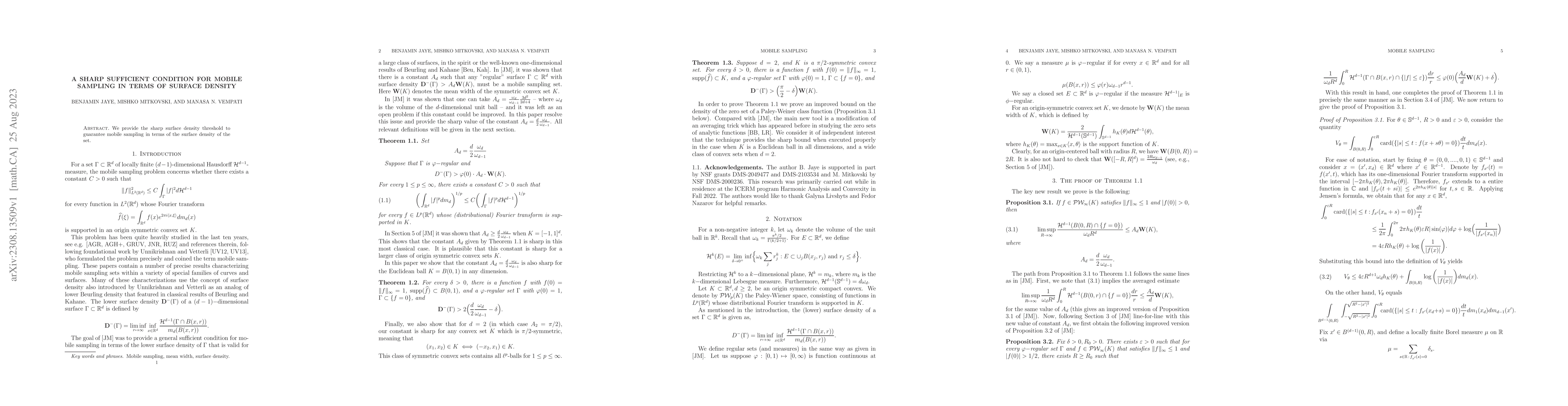 Thumbnail for A sharp sufficient condition for mobile sampling in terms of surface
  density