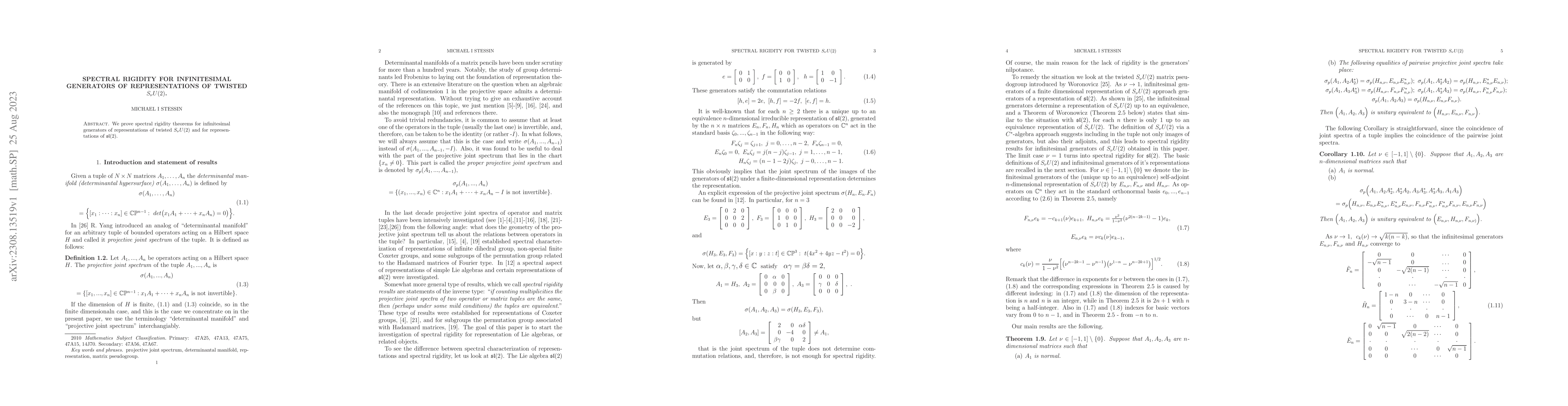 Thumbnail for Spectral rigidity for infinitesimal generators of representations of
  twisted $S_{\nu}U(2)$