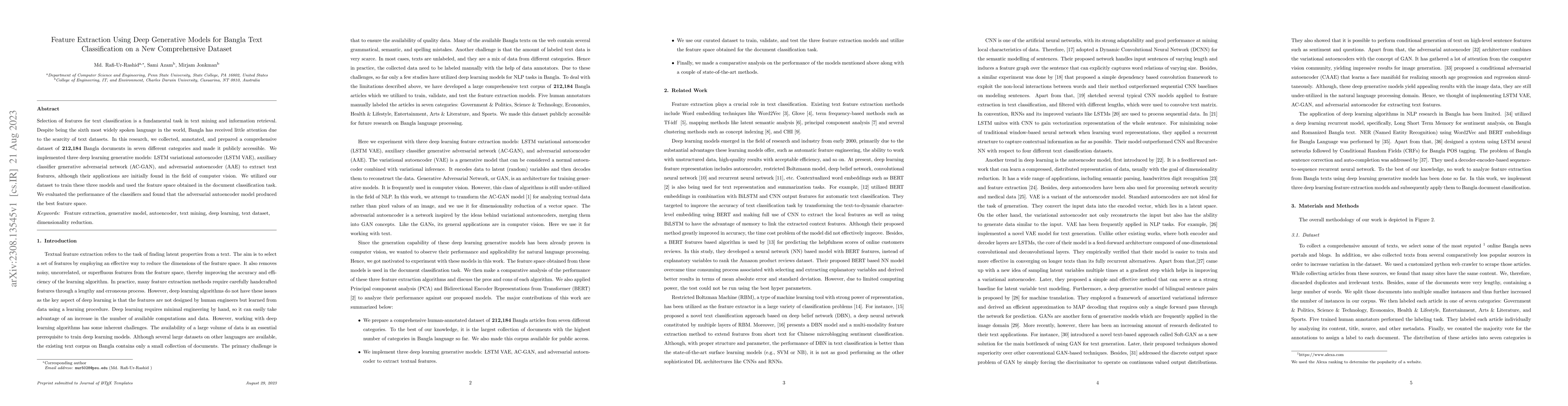Thumbnail for Feature Extraction Using Deep Generative Models for Bangla Text
  Classification on a New Comprehensive Dataset