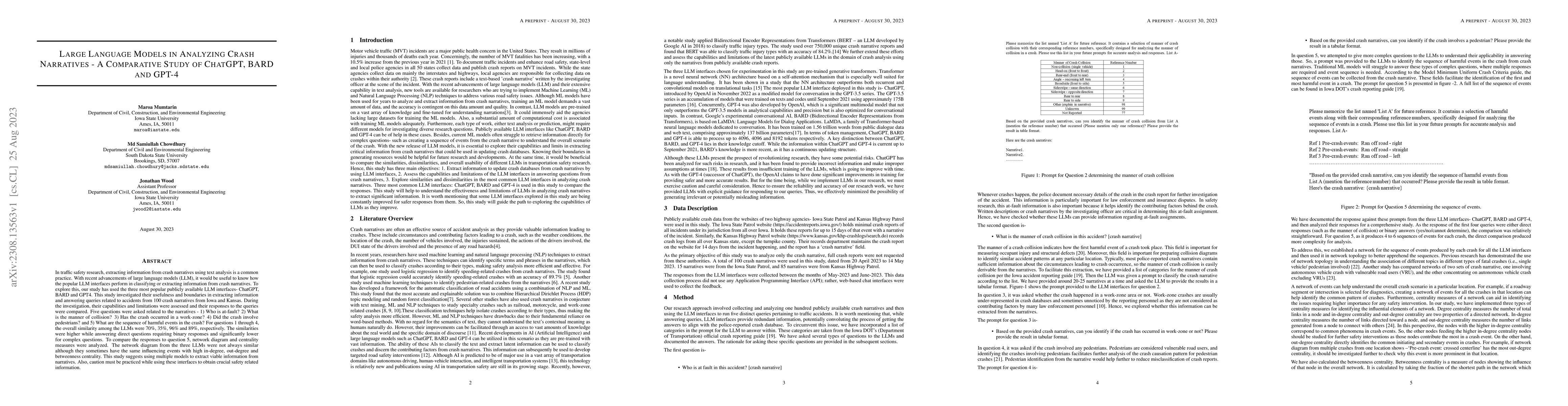 Thumbnail for Large Language Models in Analyzing Crash Narratives -- A Comparative
  Study of ChatGPT, BARD and GPT-4
