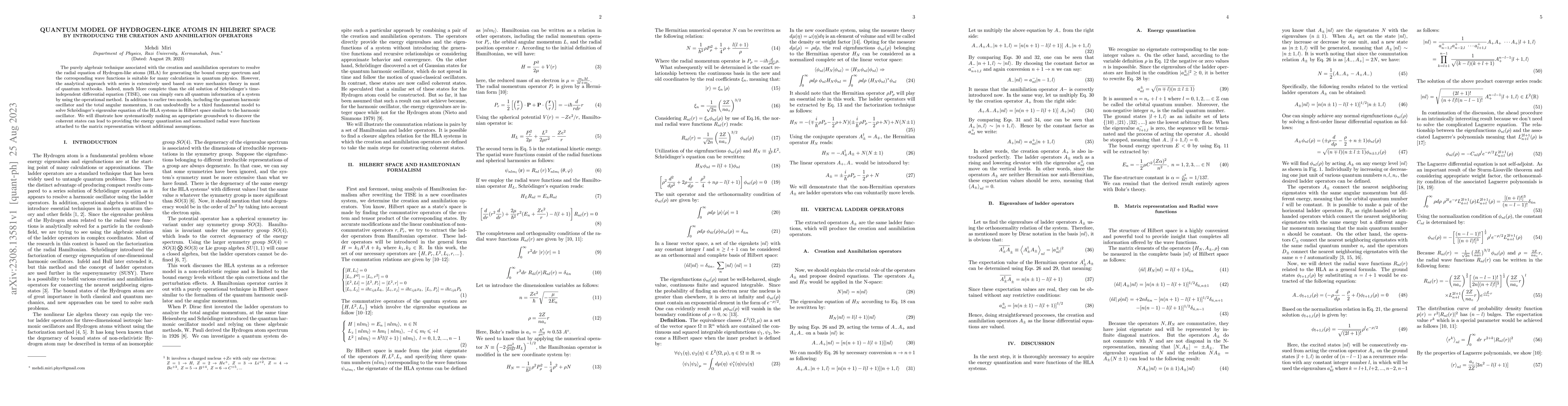 Thumbnail for Quantum model of hydrogen-like atoms in hilbert space by introducing the
  creation and annihilation operators