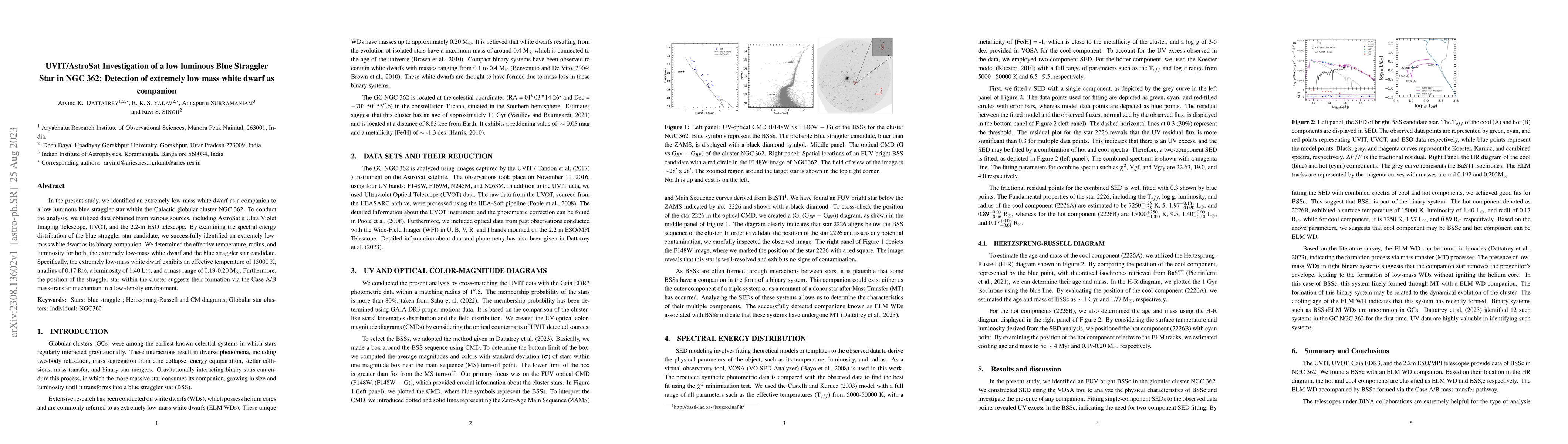 Thumbnail for UVIT/AstroSat Investigation of a low luminous Blue Straggler Star in NGC
  362: Detection of extremely low mass white dwarf as companion