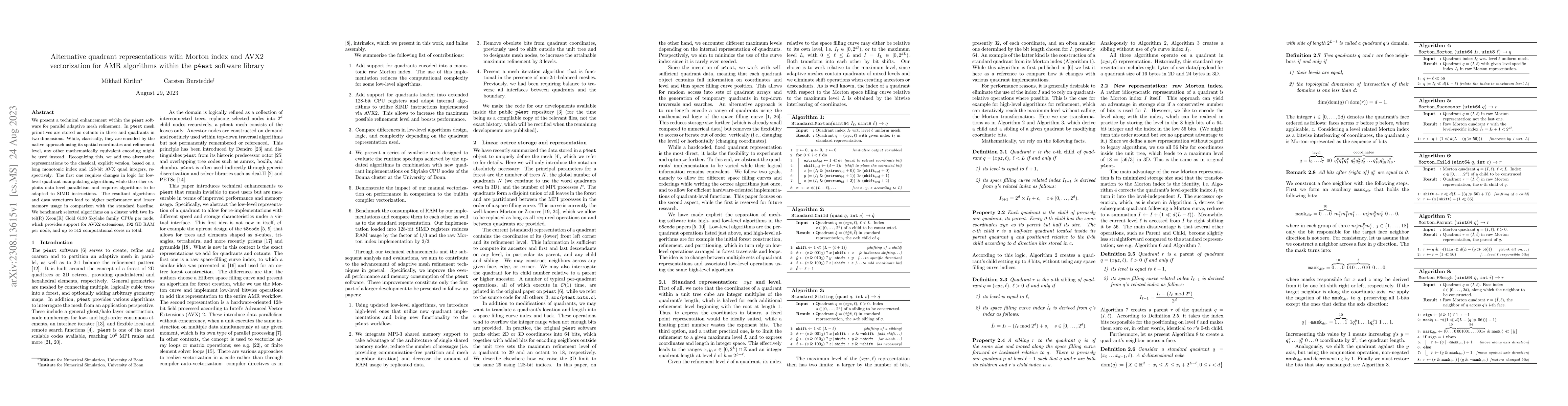 Thumbnail for Alternative quadrant representations with Morton index and AVX2
  vectorization for AMR algorithms within the p4est software library