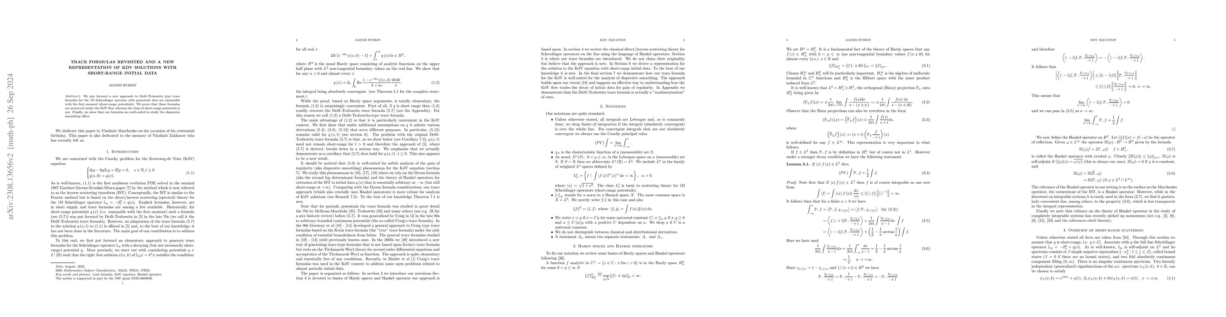 Thumbnail for Trace formulas revisited and a new representation of KdV solutions with
  short-range initial data
