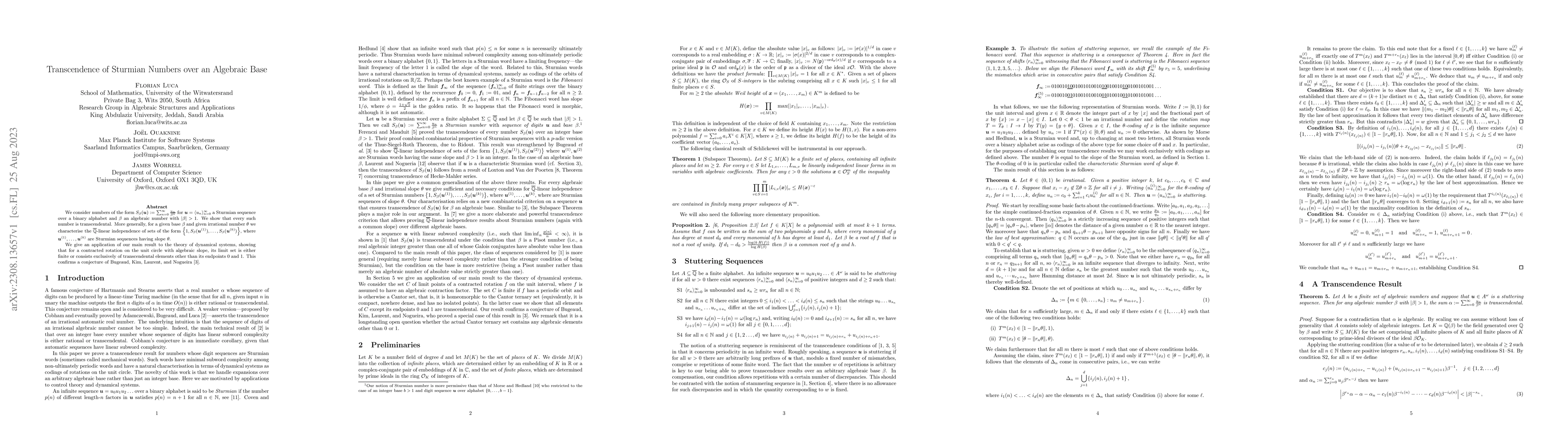 Thumbnail for Transcendence of Sturmian Numbers over an Algebraic Base