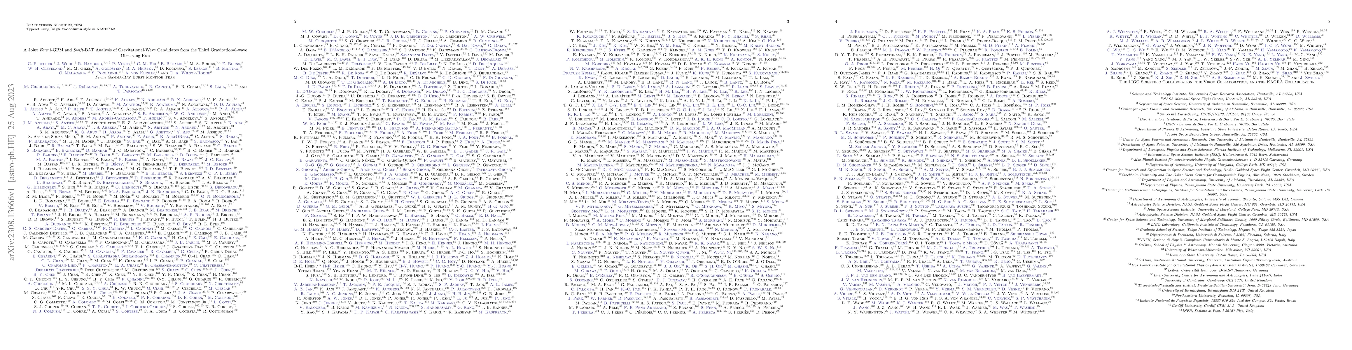 Thumbnail for A Joint Fermi-GBM and Swift-BAT Analysis of Gravitational-Wave
  Candidates from the Third Gravitational-wave Observing Run