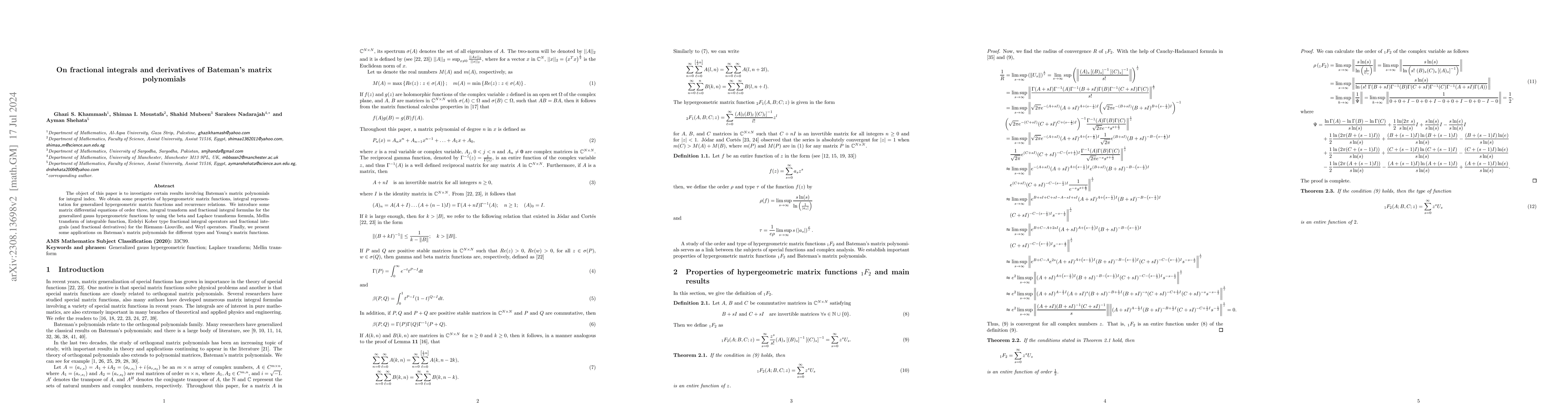 Thumbnail for On the fractional integrals and derivatives of Bateman's matrix
  polynomials