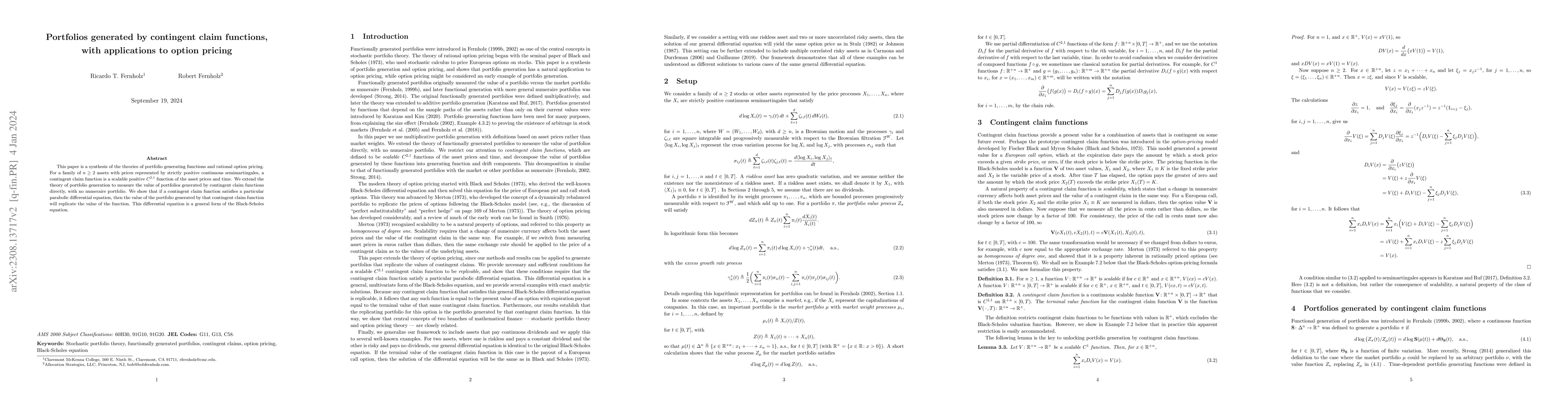 Thumbnail for Portfolios Generated by Contingent Claim Functions, with Applications to
  Option Pricing