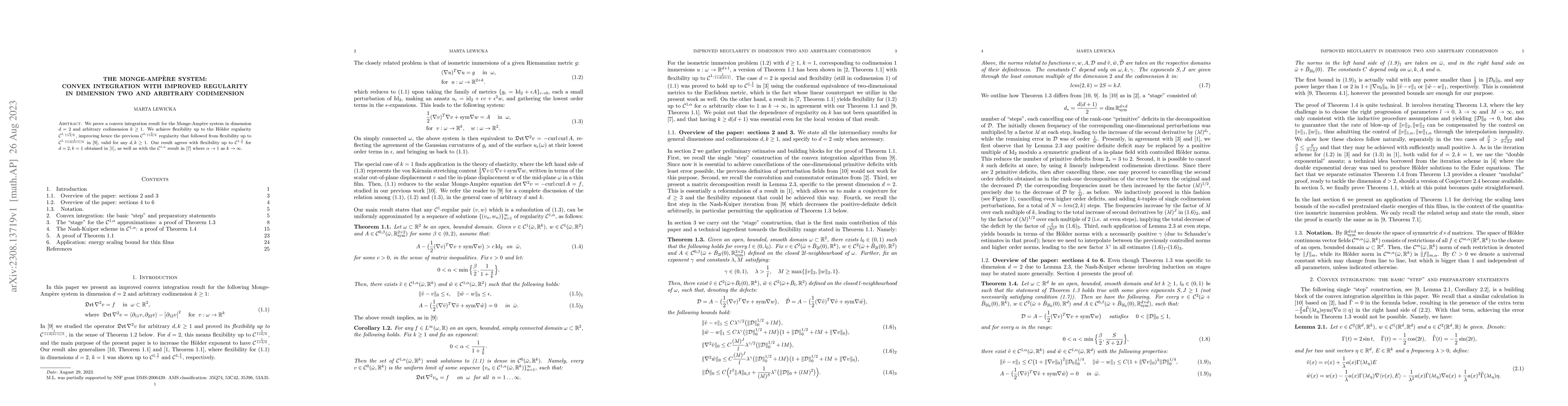Thumbnail for The Monge-Ampere system: convex integration with improved regularity in
  dimension two and arbitrary codimension