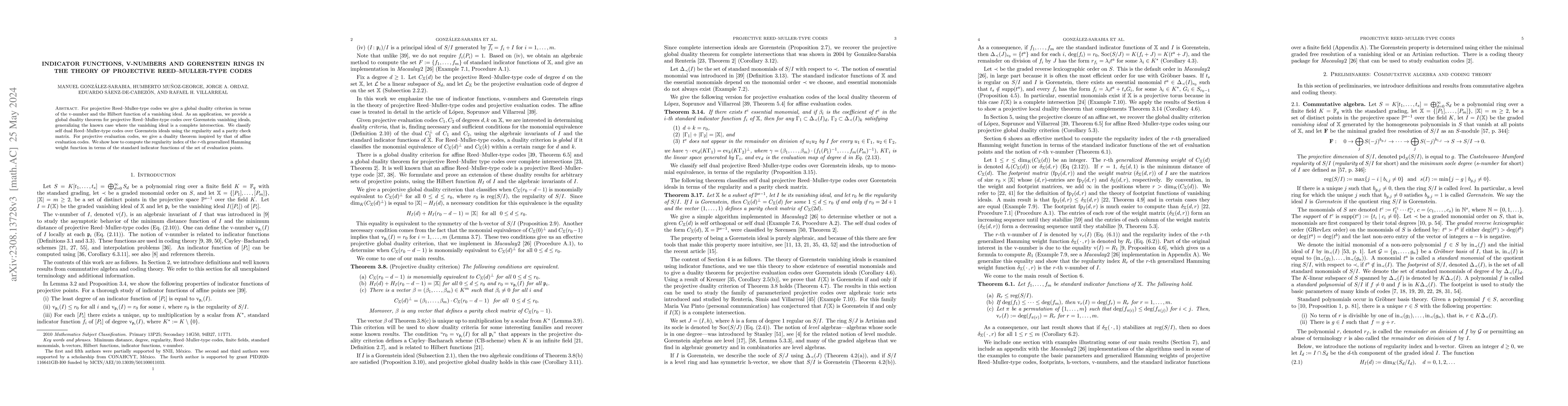 Thumbnail for Indicator functions, v-numbers and Gorenstein rings in the theory of
  projective Reed-Muller-type codes