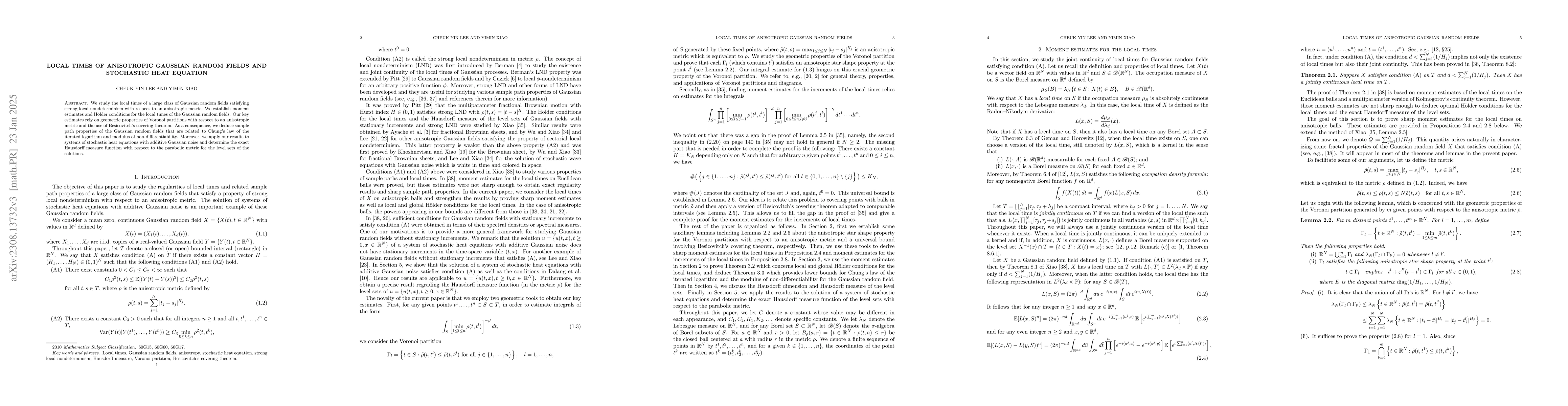 Thumbnail for Local times of anisotropic Gaussian random fields and stochastic heat
  equation