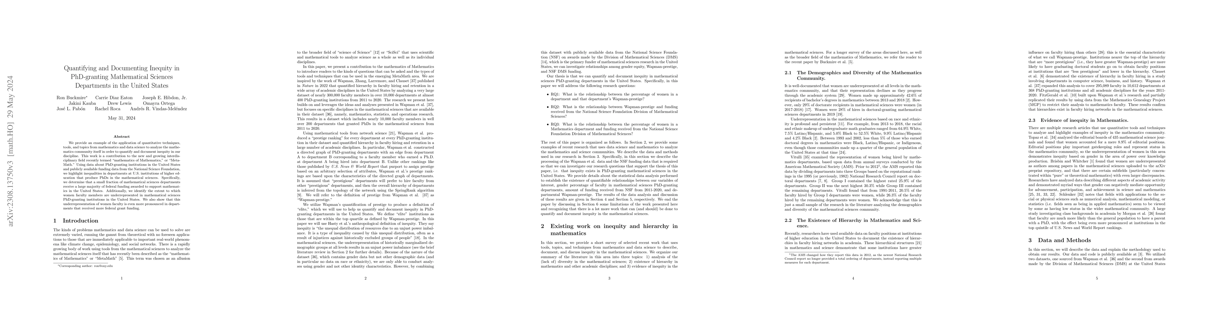 Thumbnail for Quantifying and Documenting Inequity in PhD-granting Mathematical
  Sciences Departments in the United States
