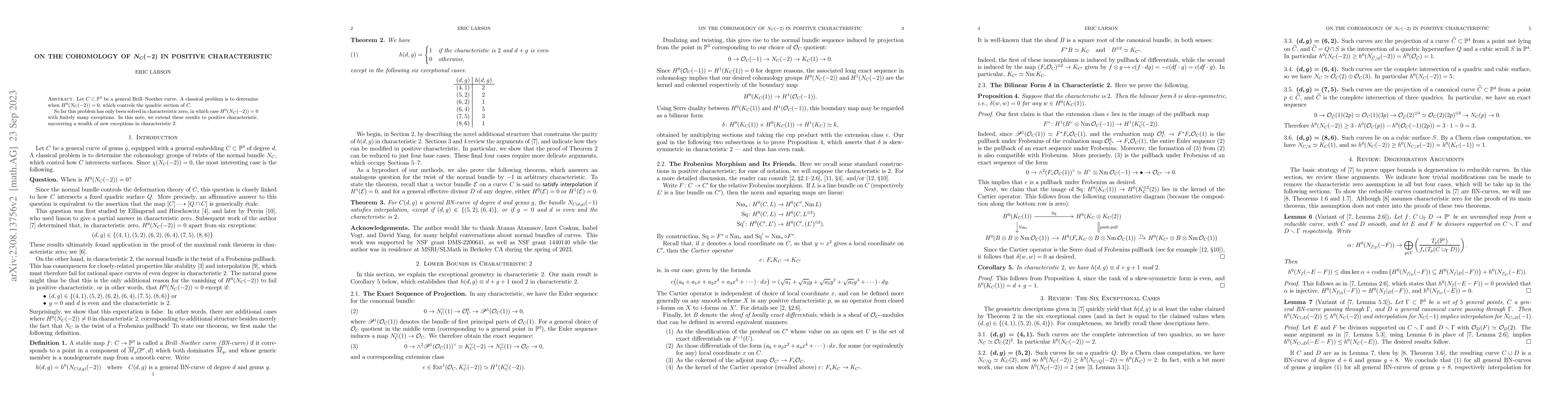 Thumbnail for On The Cohomology of $N_C(-2)$ in Positive Characteristic