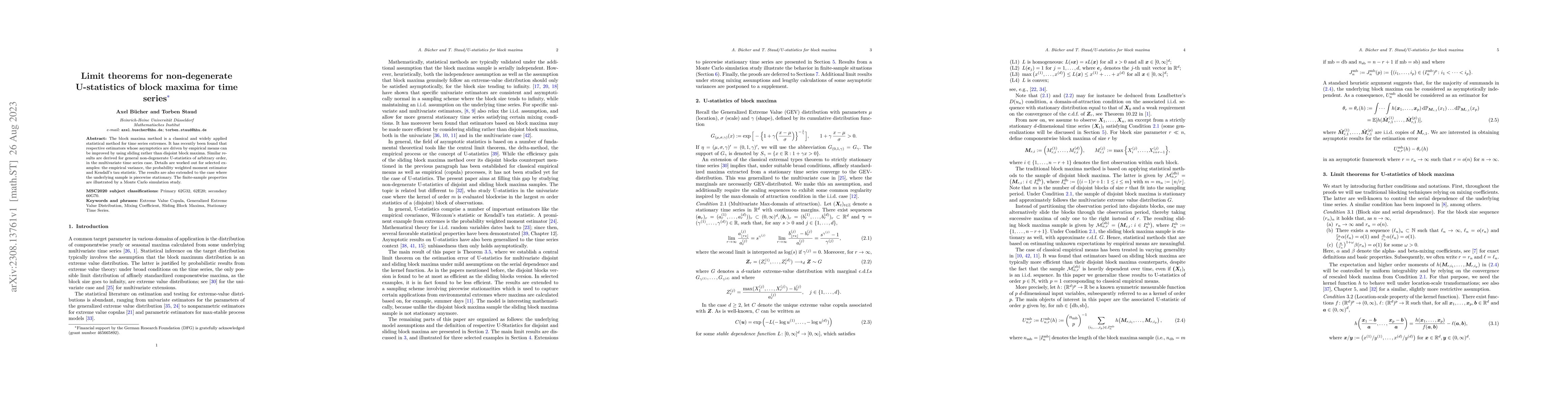Thumbnail for Limit theorems for non-degenerate U-statistics of block maxima for time
  series