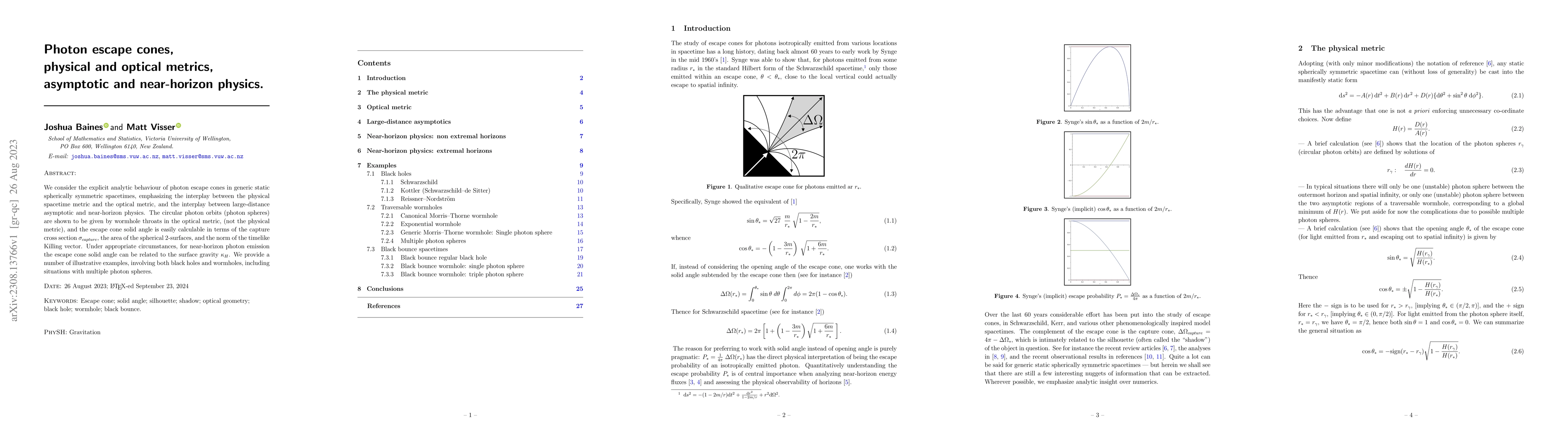 Thumbnail for Photon escape cones, physical and optical metrics, asymptotic and
  near-horizon physics