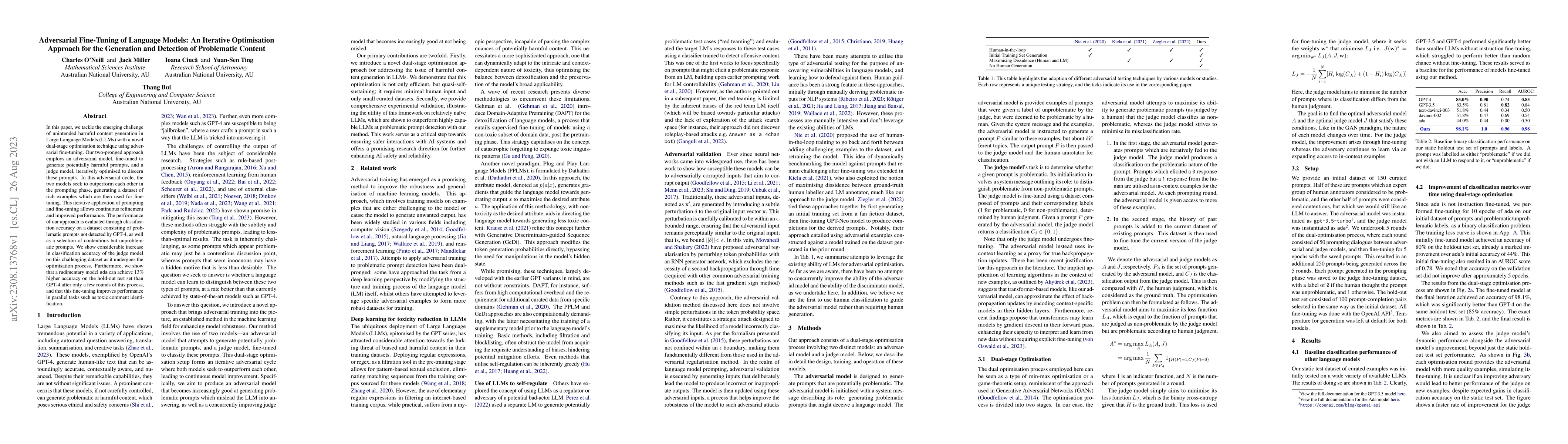 Thumbnail for Adversarial Fine-Tuning of Language Models: An Iterative Optimisation
  Approach for the Generation and Detection of Problematic Content
