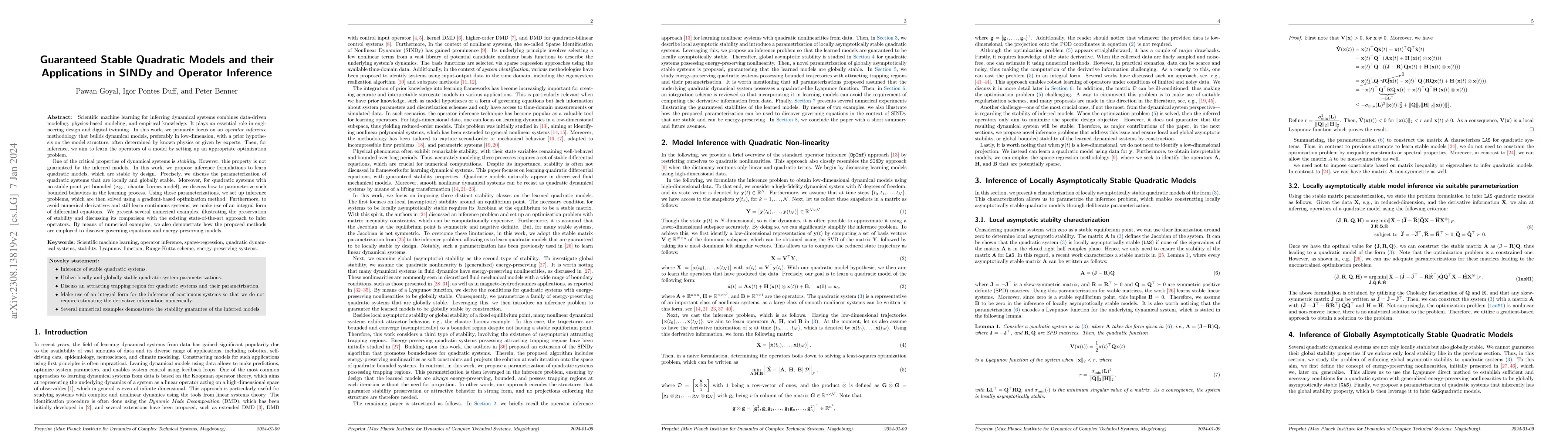 Thumbnail for Guaranteed Stable Quadratic Models and their applications in SINDy and
  Operator Inference