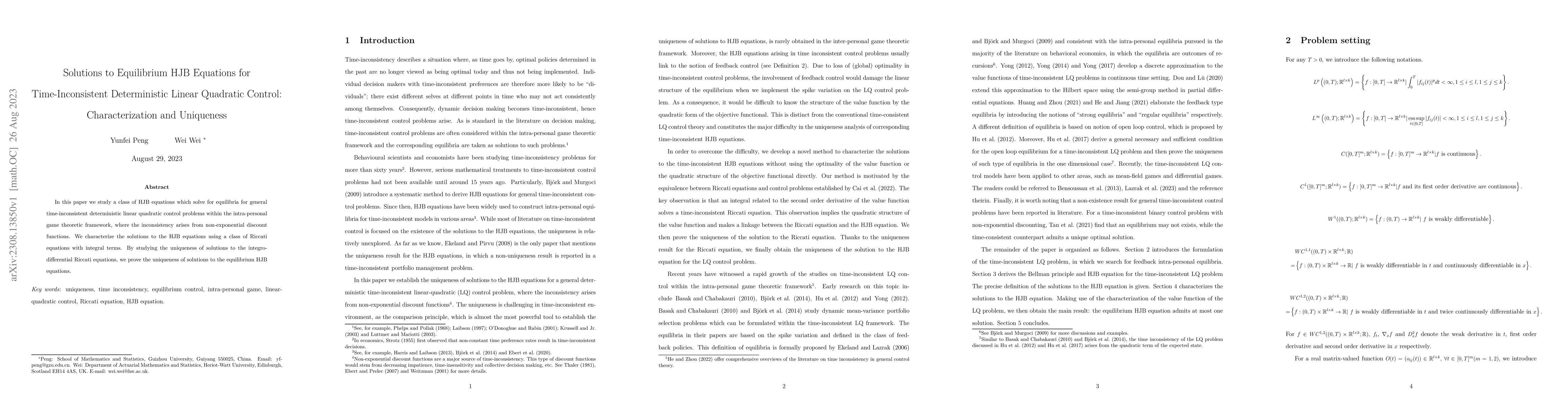 Thumbnail for Solutions to Equilibrium HJB Equations for Time-Inconsistent
  Deterministic Linear Quadratic Control: Characterization and Uniqueness