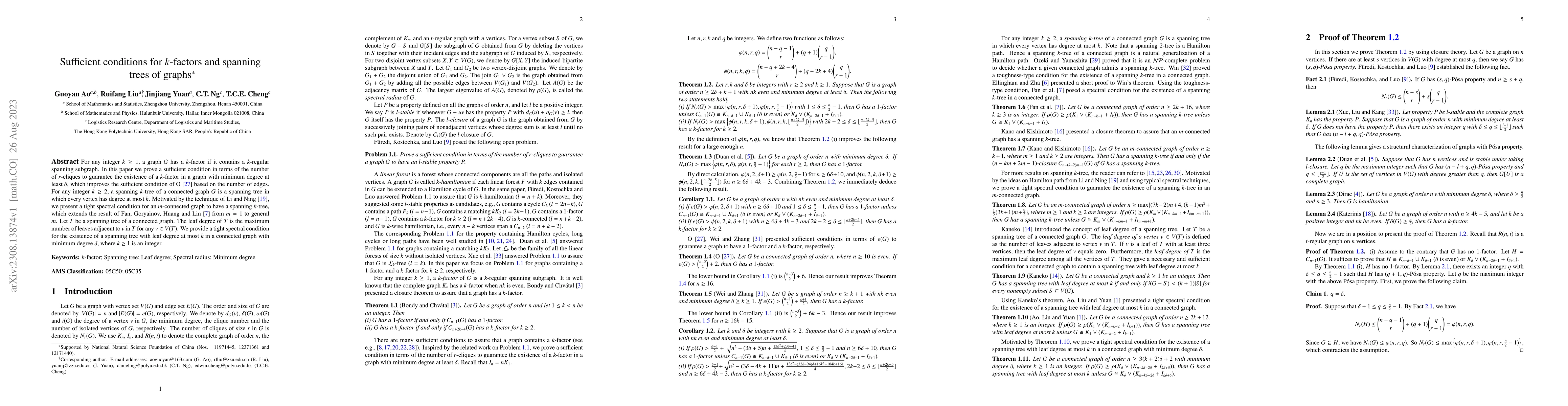 Thumbnail for Sufficient conditions for $k$-factors and spanning trees of graphs