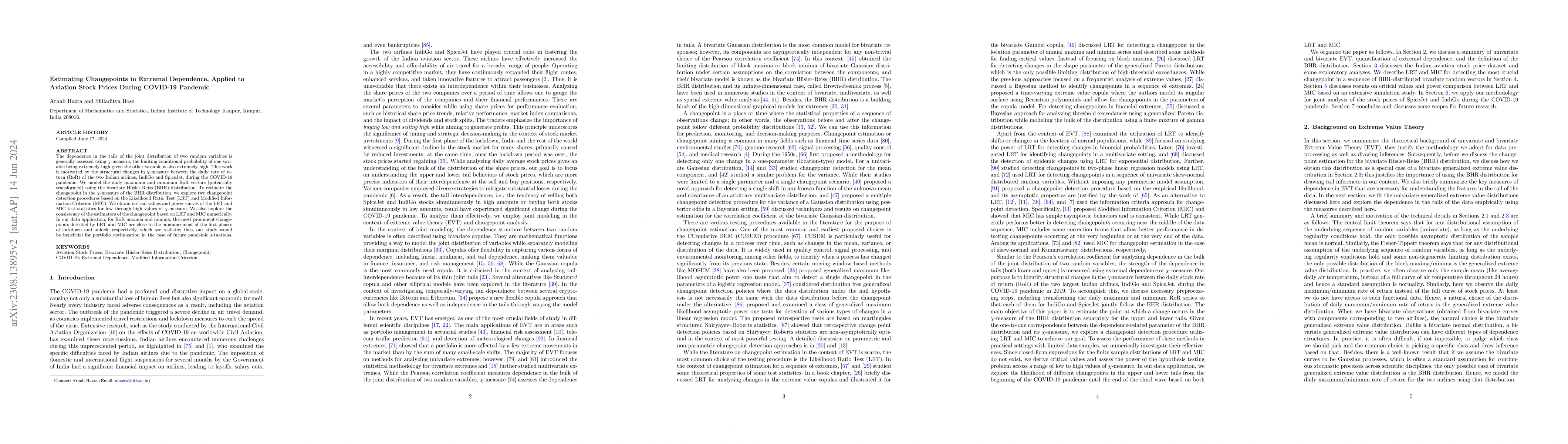 Thumbnail for Estimating Changepoints in Extremal Dependence, Applied to Aviation
  Stock Prices During COVID-19 Pandemic