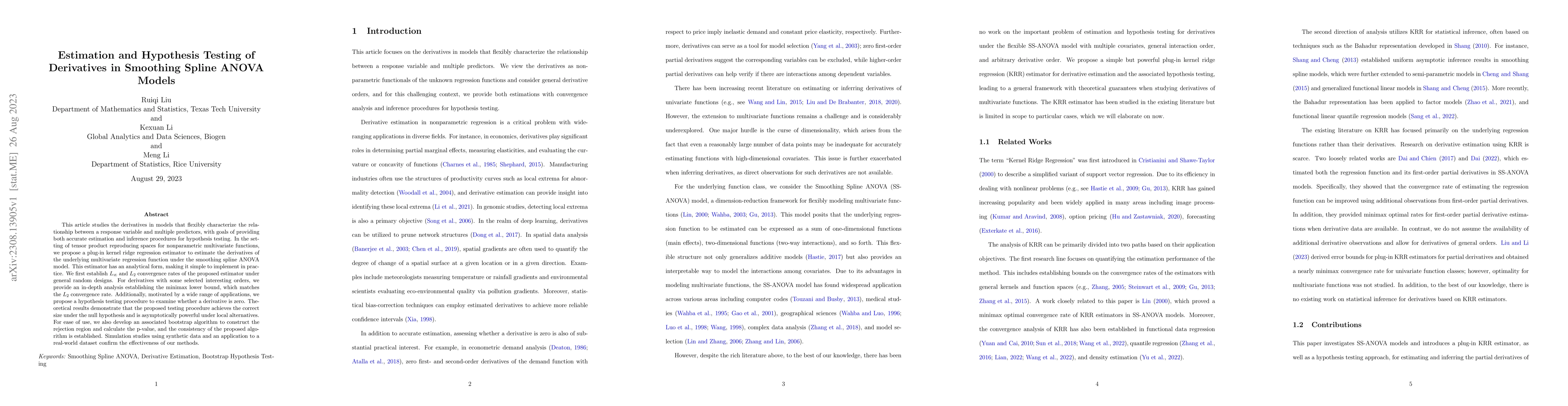 Thumbnail for Estimation and Hypothesis Testing of Derivatives in Smoothing Spline
  ANOVA Models