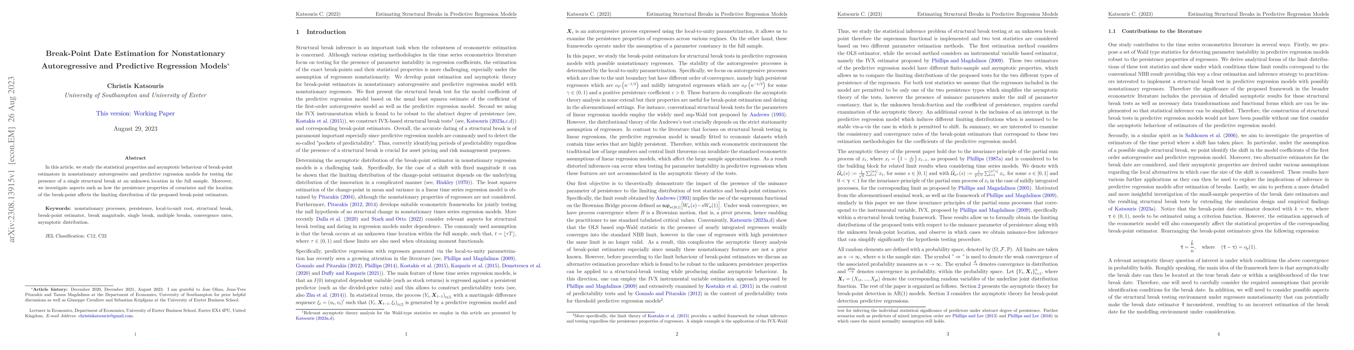 Thumbnail for Break-Point Date Estimation for Nonstationary Autoregressive and
  Predictive Regression Models