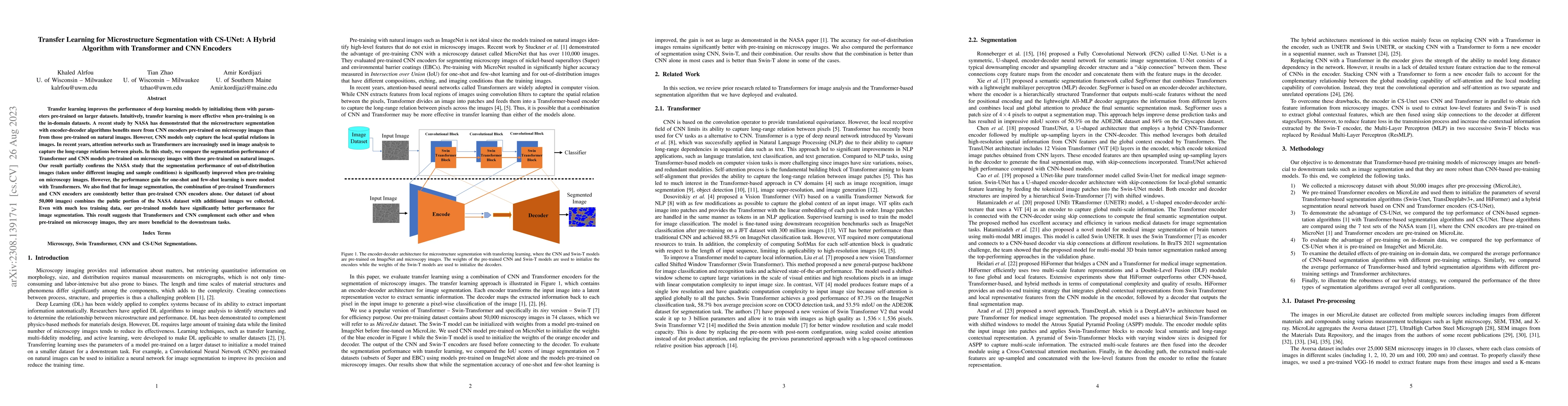 Thumbnail for Transfer Learning for Microstructure Segmentation with CS-UNet: A Hybrid
  Algorithm with Transformer and CNN Encoders