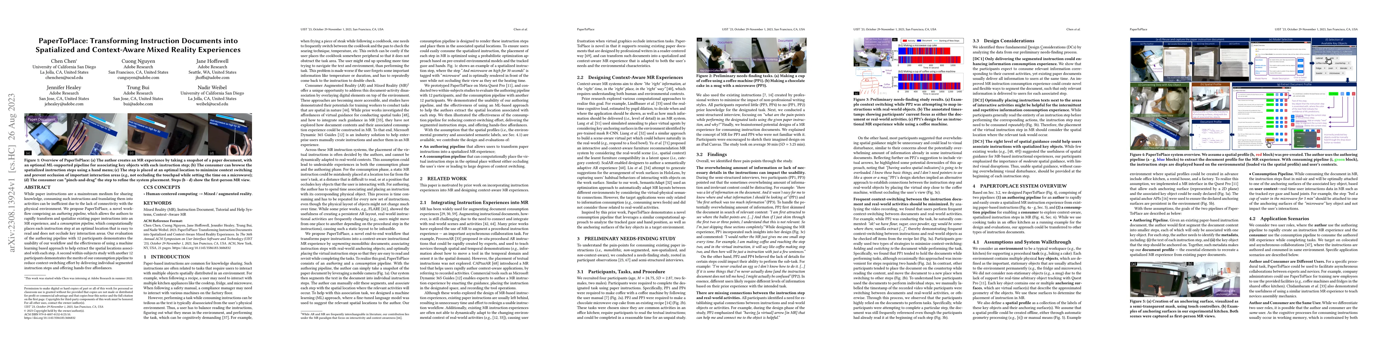 Thumbnail for PaperToPlace: Transforming Instruction Documents into Spatialized and
  Context-Aware Mixed Reality Experiences