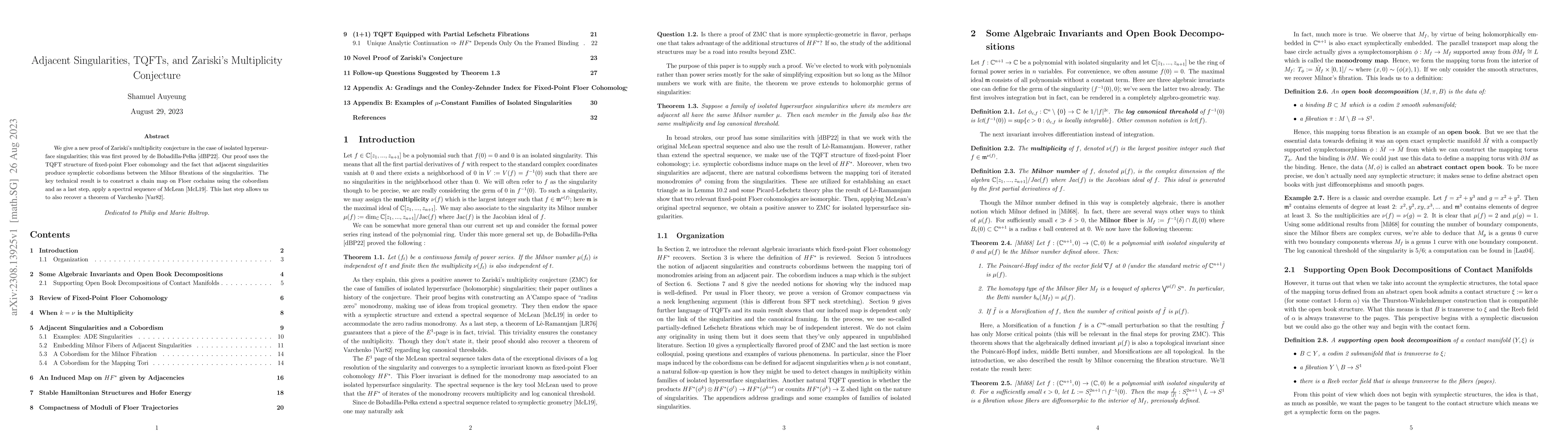 Thumbnail for Adjacent Singularities, TQFTs, and Zariski's Multiplicity Conjecture