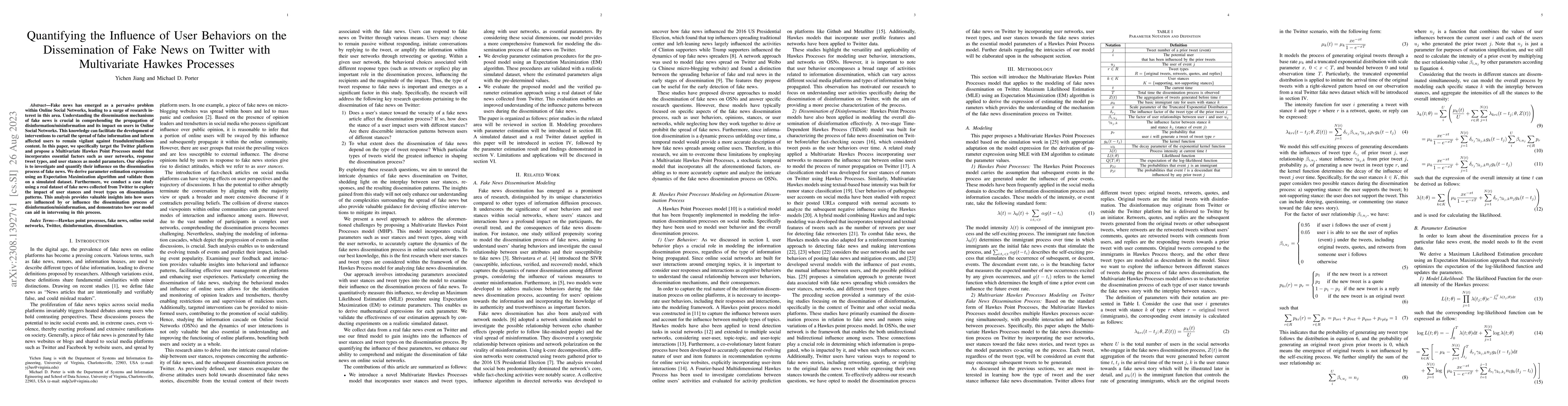 Thumbnail for Quantifying the Influence of User Behaviors on the Dissemination of Fake
  News on Twitter with Multivariate Hawkes Processes