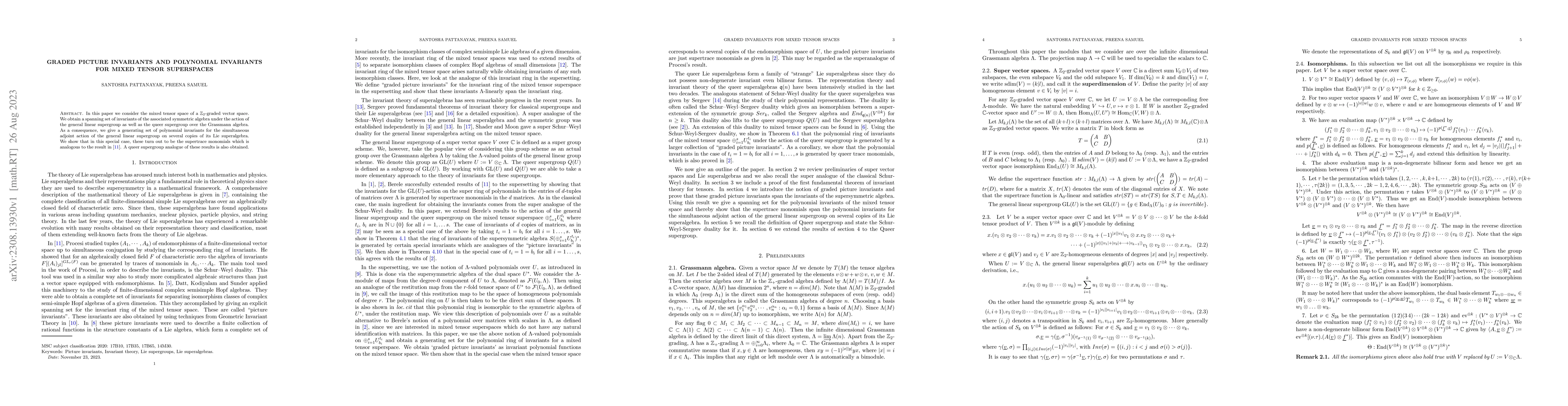 Thumbnail for Graded Picture Invariants and polynomial invariants for mixed tensor
  superspaces