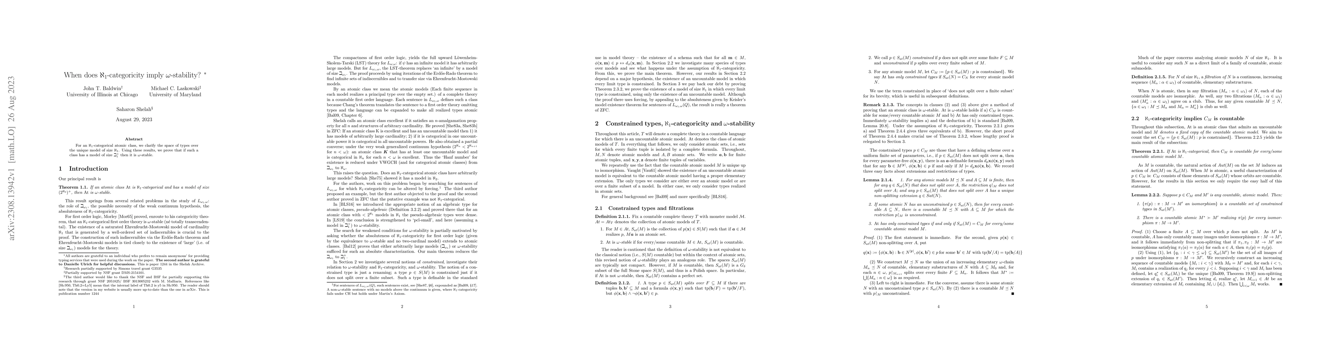 Thumbnail for When does $\aleph_1$-categoricity imply $\omega$-stability?