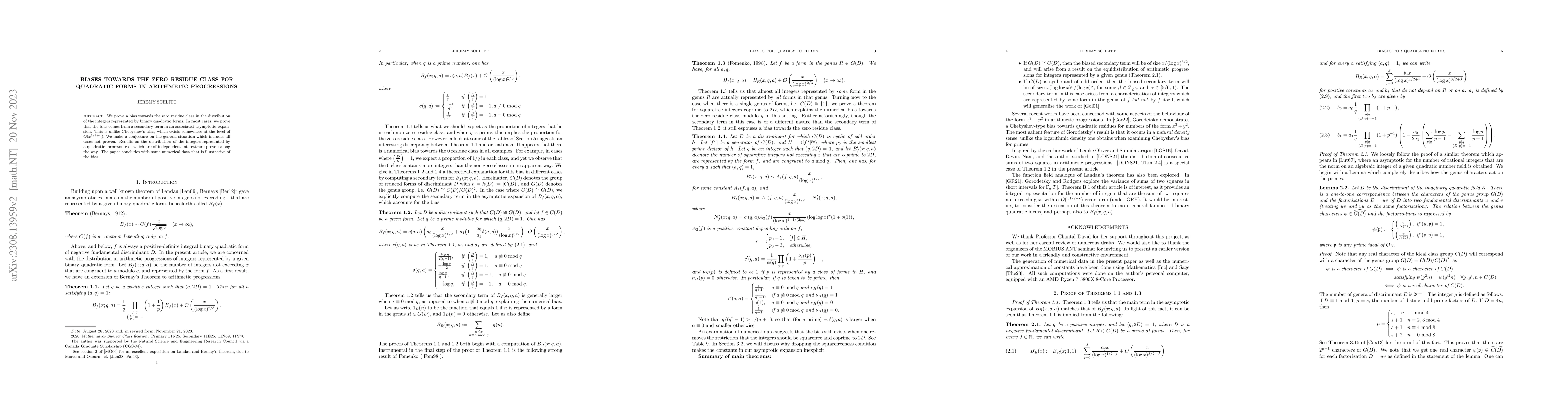 Thumbnail for Biases Towards the Zero Residue Class for Quadratic Forms in Arithmetic
  Progressions