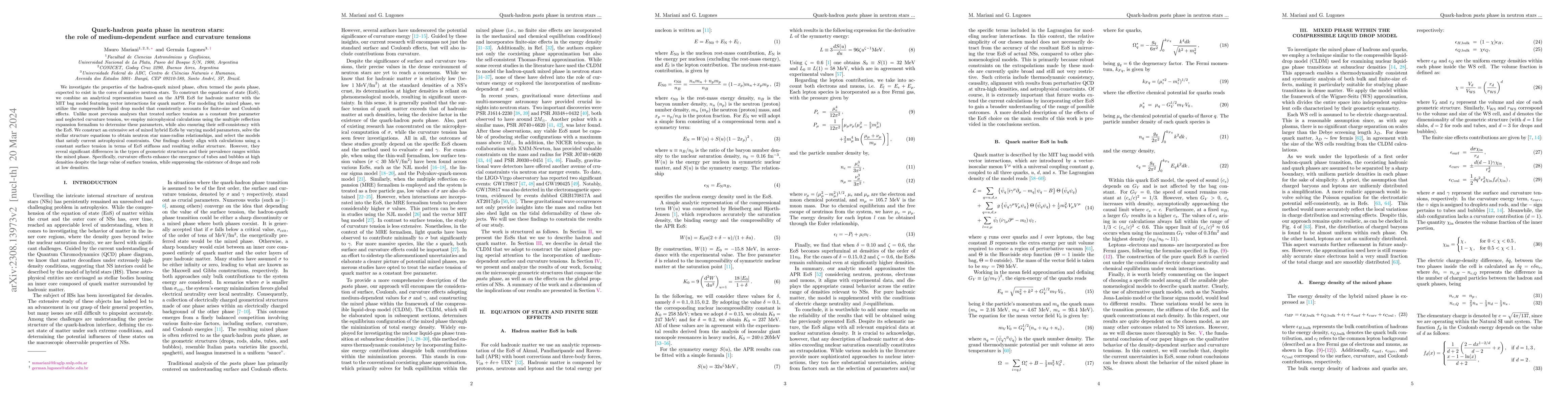 Thumbnail for Quark-hadron pasta phase in neutron stars: the role of medium-dependent
  surface and curvature tensions