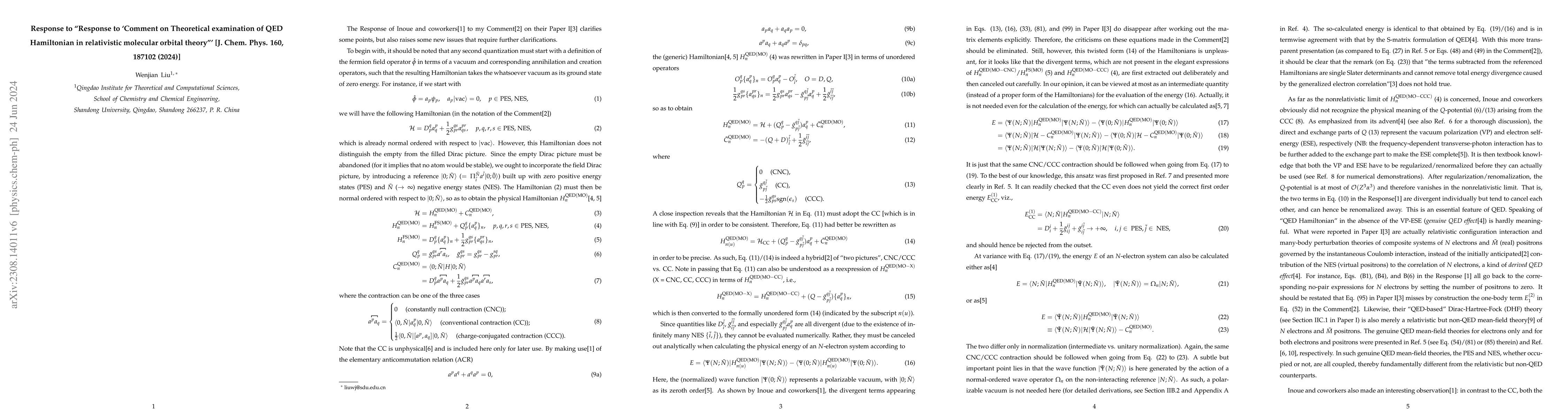 Thumbnail for Response to "Response to 'Comment on Theoretical examination of QED
  Hamiltonian in relativistic molecular orbital theory'" [J. Chem. Phys. 160,
  187102 (2024)]