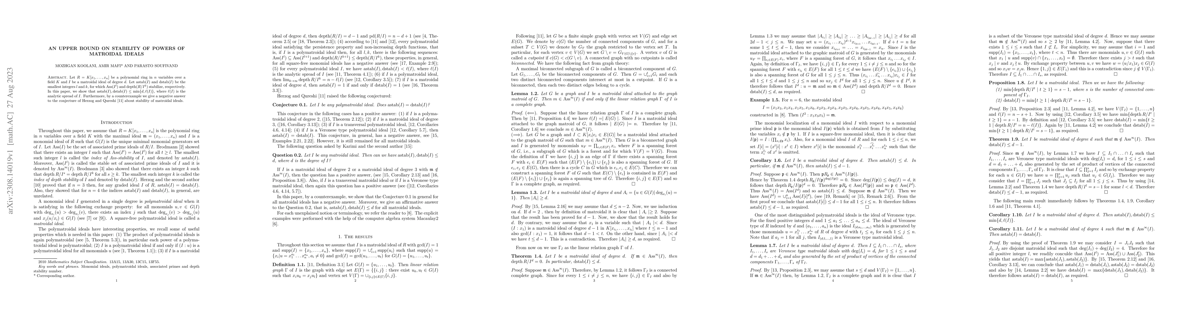 Thumbnail for An upper bound on stability of powers of matroidal ideals