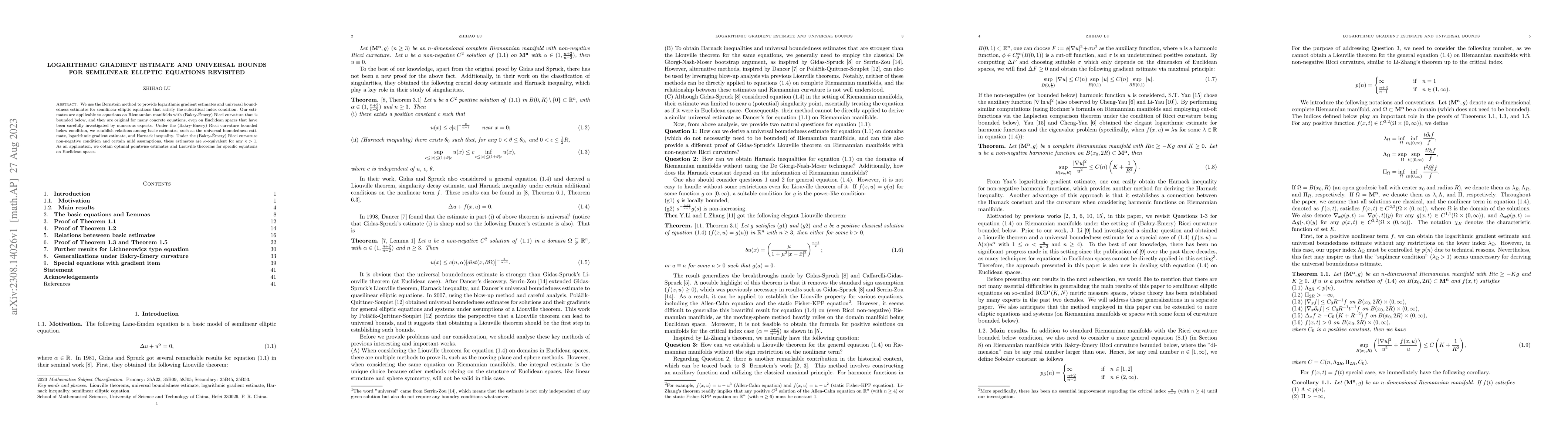 Thumbnail for Logarithmic gradient estimate and Universal bounds for semilinear
  elliptic equations revisited