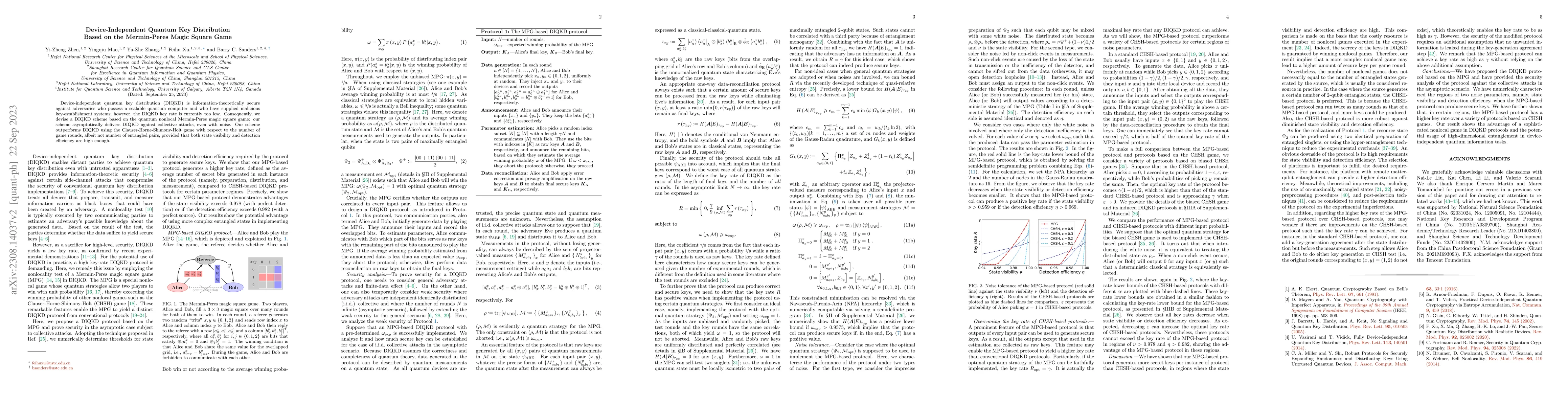 Thumbnail for Device-Independent Quantum Key Distribution Based on the Mermin-Peres
  Magic Square Game