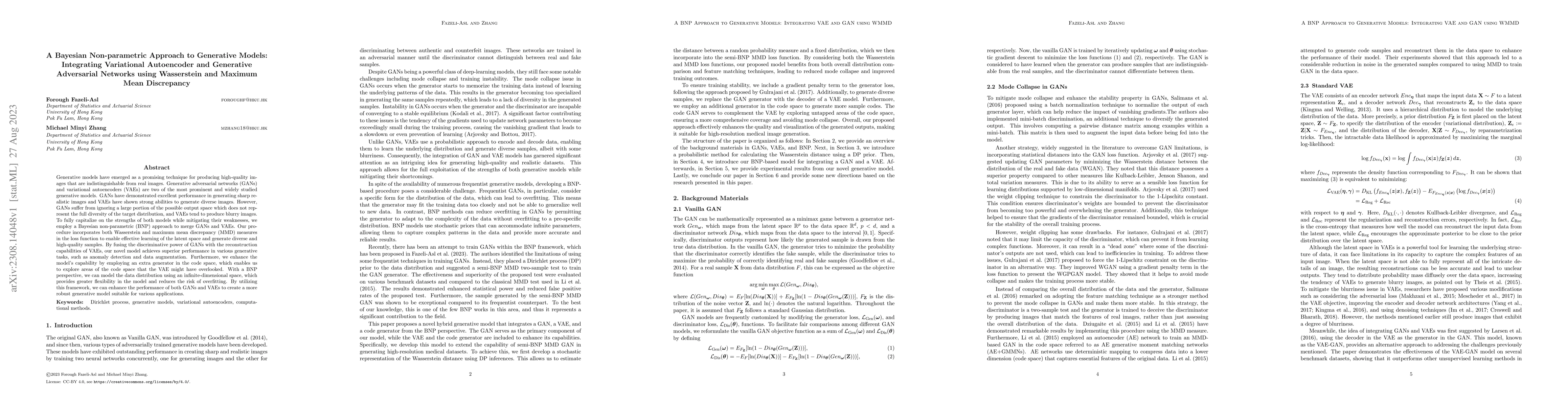 Thumbnail for A Bayesian Non-parametric Approach to Generative Models: Integrating
  Variational Autoencoder and Generative Adversarial Networks using Wasserstein
  and Maximum Mean Discrepancy