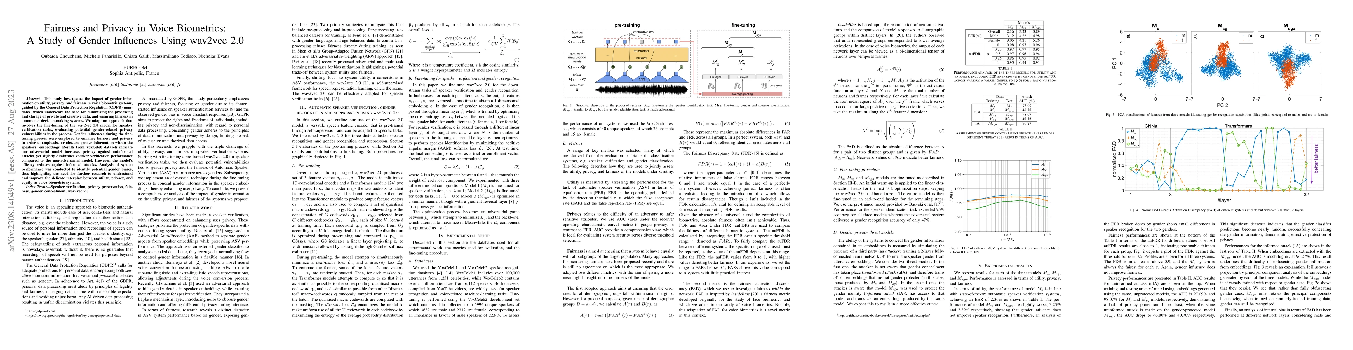 Thumbnail for Fairness and Privacy in Voice Biometrics:A Study of Gender Influences
  Using wav2vec 2.0
