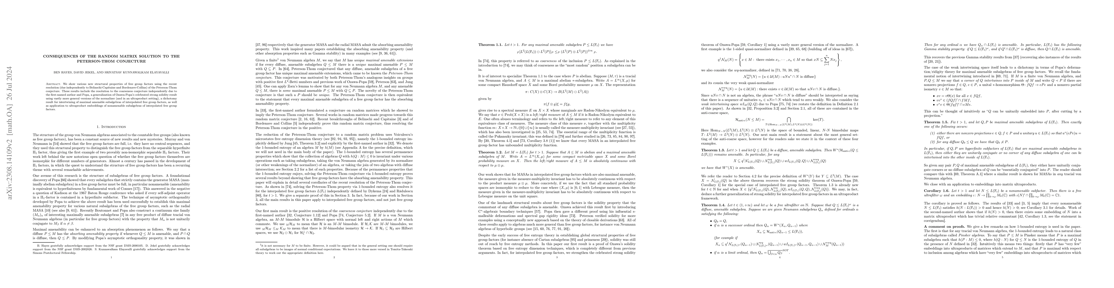 Thumbnail for Consequences of the random matrix solution to the Peterson-Thom
  conjecture