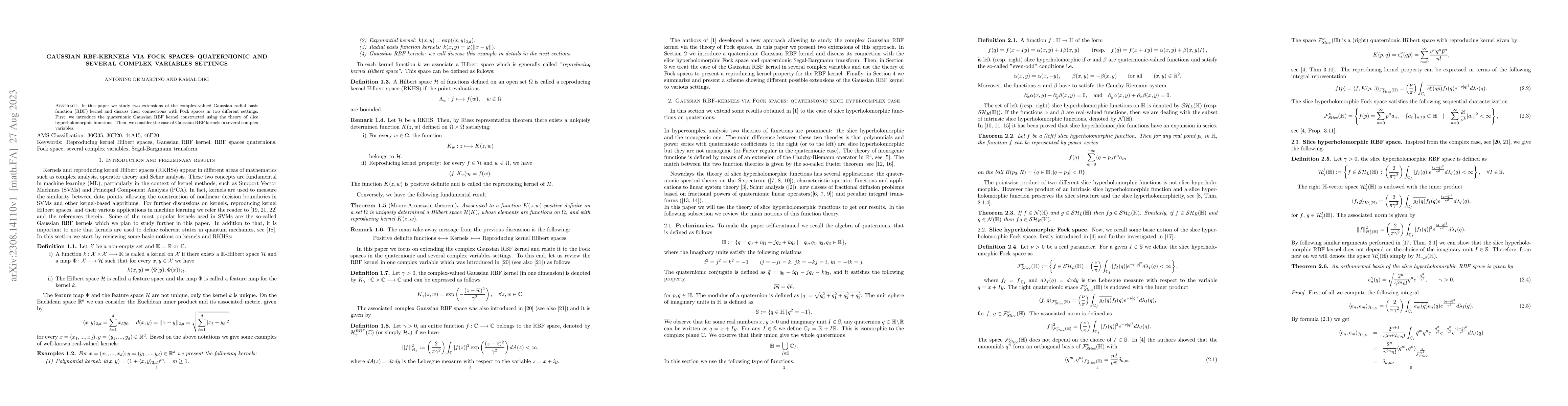 Thumbnail for Gaussian RBF-kernels via Fock spaces: quaternionic and several complex
  variables settings