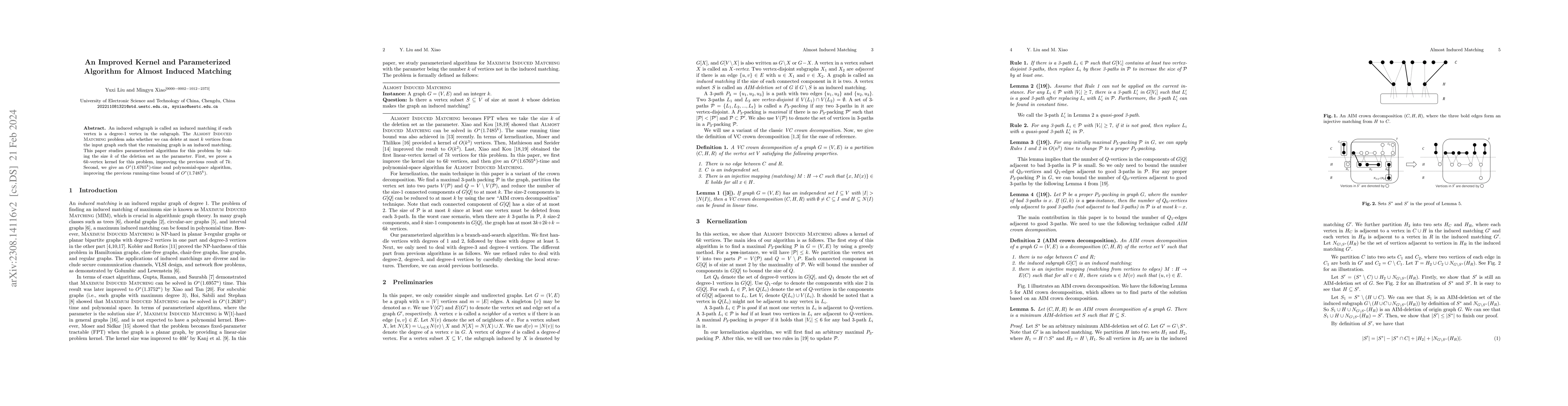 Thumbnail for An Improved Kernel and Parameterized Algorithm for Almost Induced
  Matching