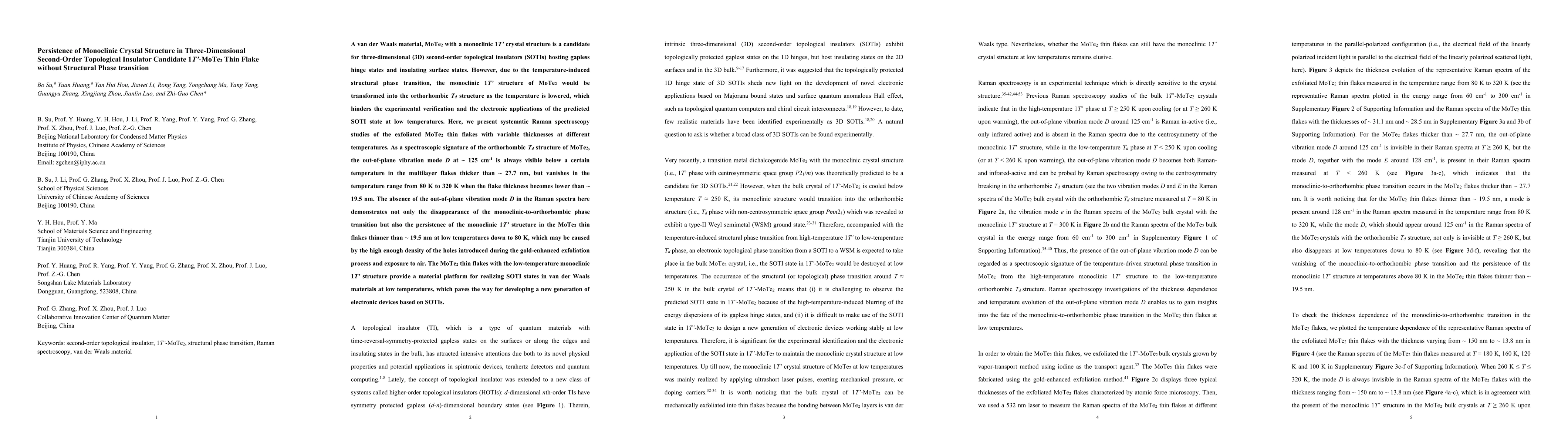 Thumbnail for Persistence of Monoclinic Crystal Structure in Three-Dimensional
  Second-Order Topological Insulator Candidate 1T'-MoTe2 Thin Flake without
  Structural Phase transition