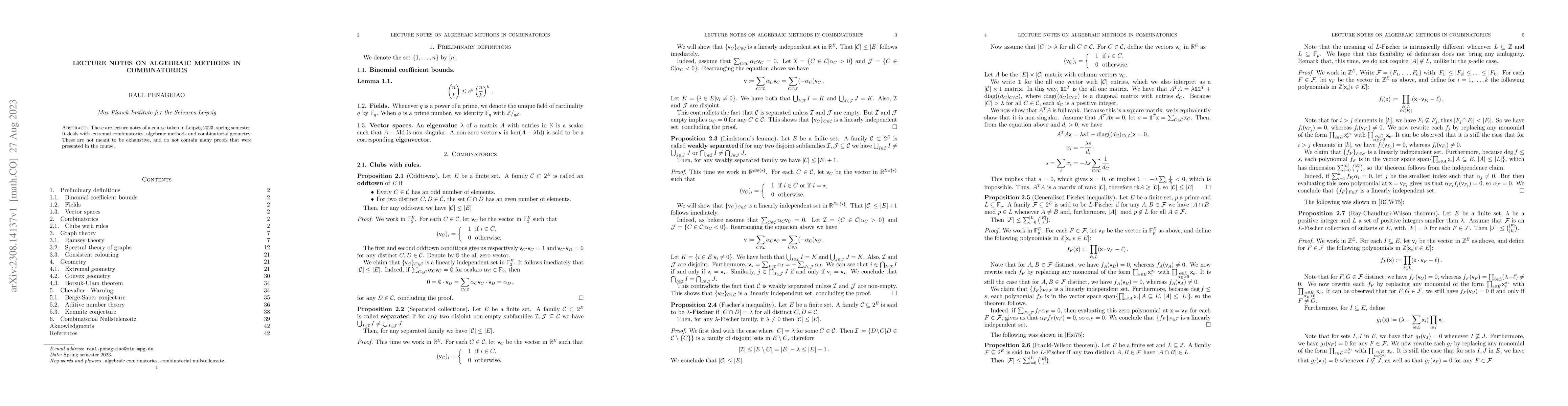 Thumbnail for Lecture notes on algebraic methods in combinatorics