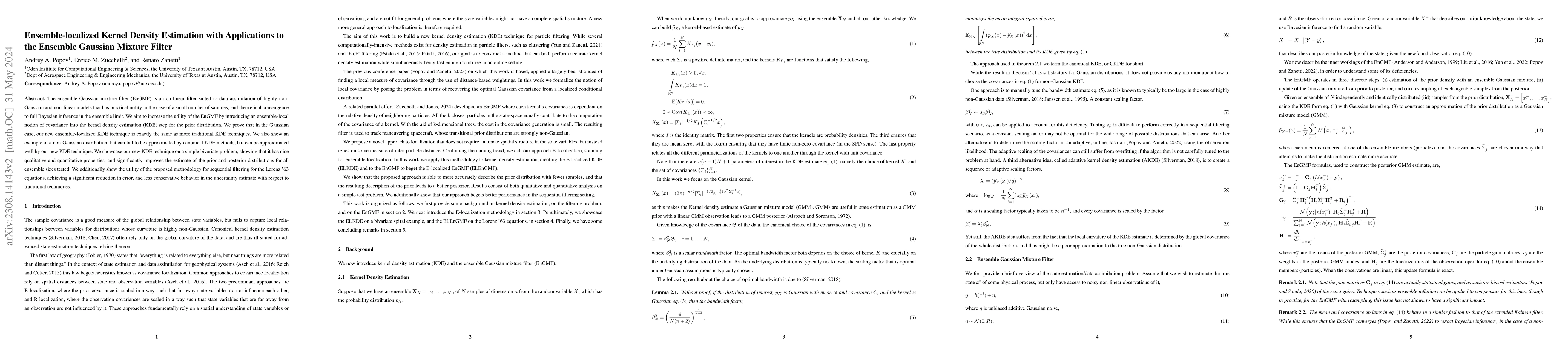 Thumbnail for Ensemble-localized Kernel Density Estimation with Applications to the
  Ensemble Gaussian Mixture Filter