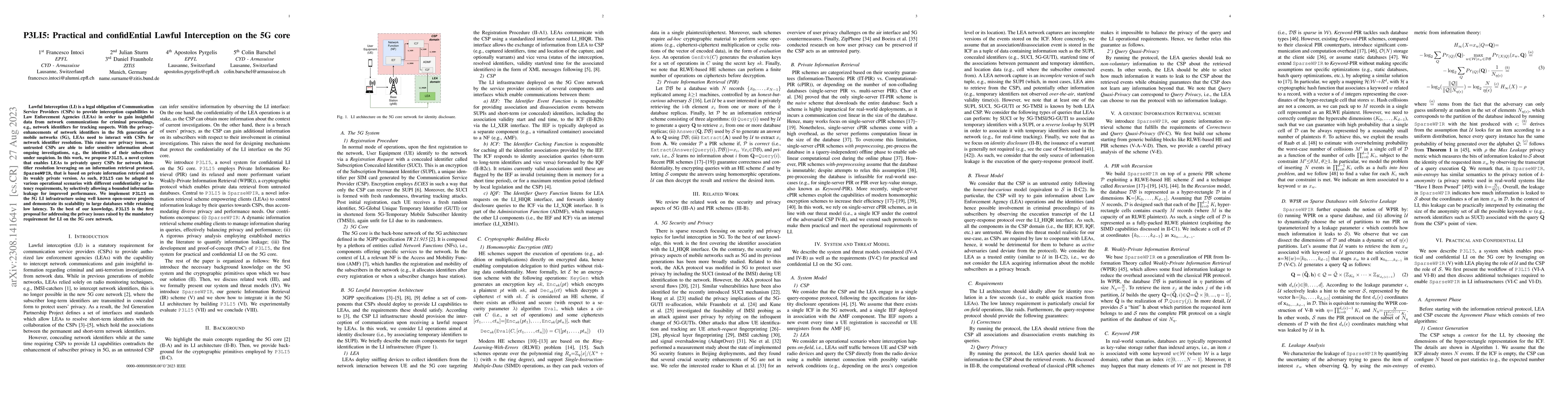 Thumbnail for P3LI5: Practical and Confidential Lawful Interception on the 5G Core