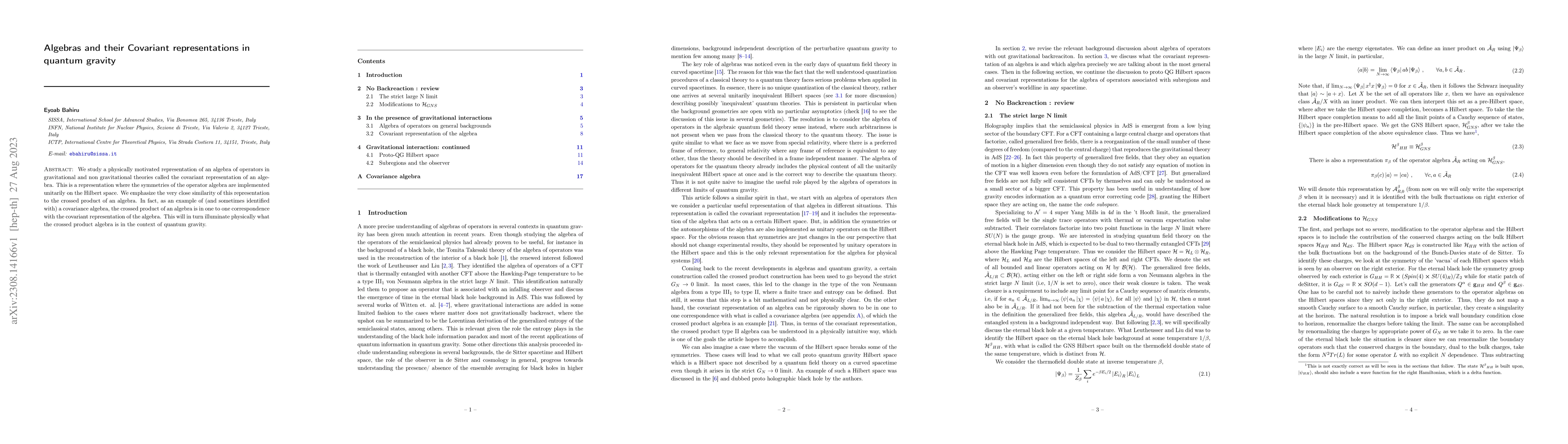 Thumbnail for Algebras and their Covariant representations in quantum gravity